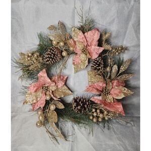 Elegant Champagne Christmas Wreath Front Door Gold Pine Cones Berries 22"